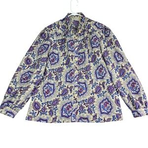 Vintage 70s Paisley Button Up Blouse Women 16 Multicolor Long Sleeve Boho Hippie